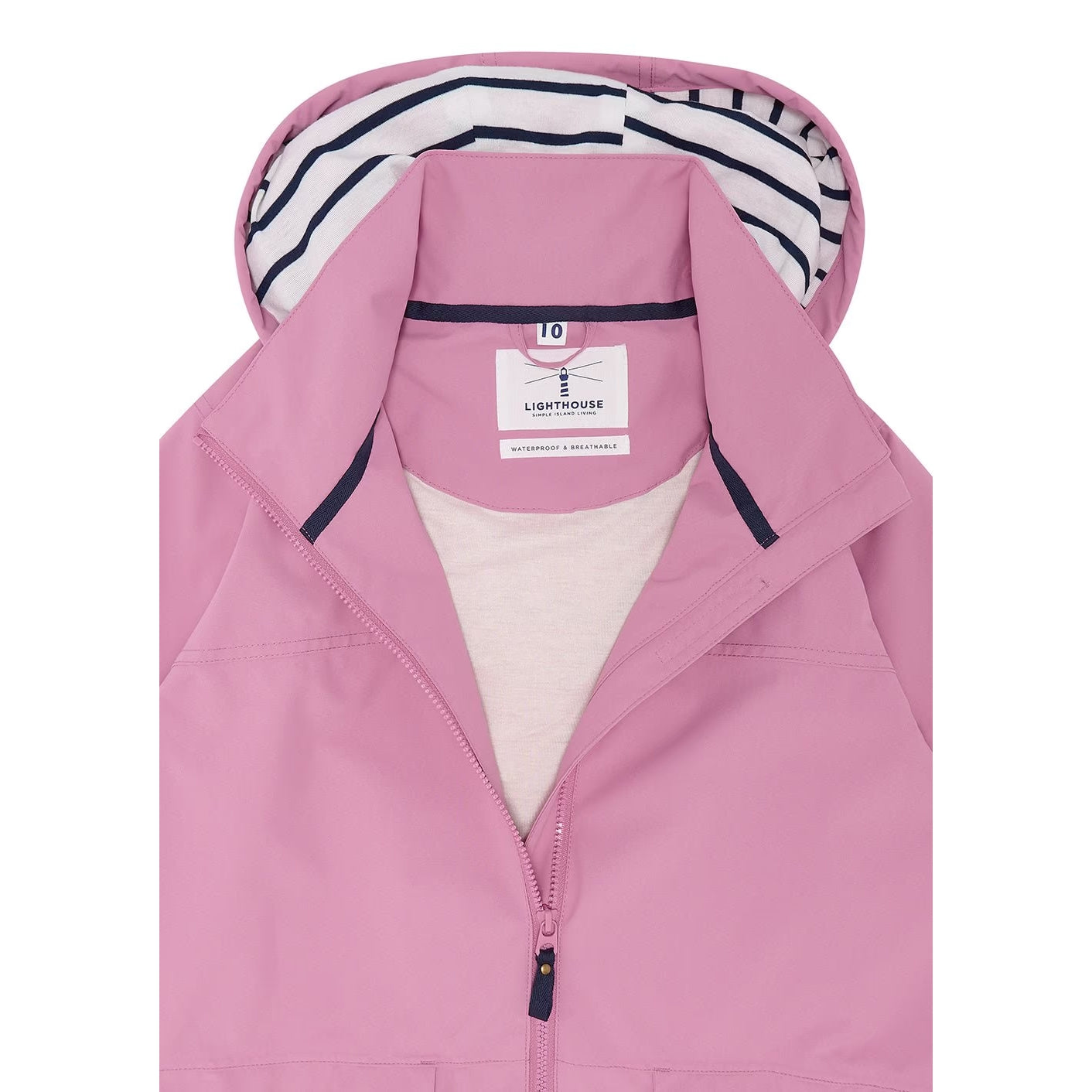 Close-up view of a womens Beachcomber II waterproof jacket in Pink with a stripy hood lining.