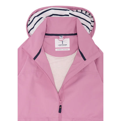 Close-up view of a womens Beachcomber II waterproof jacket in Pink with a stripy hood lining.