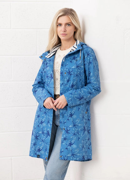 Lighthouse Womens blue floral jacket with hood worn by model in casual outfit