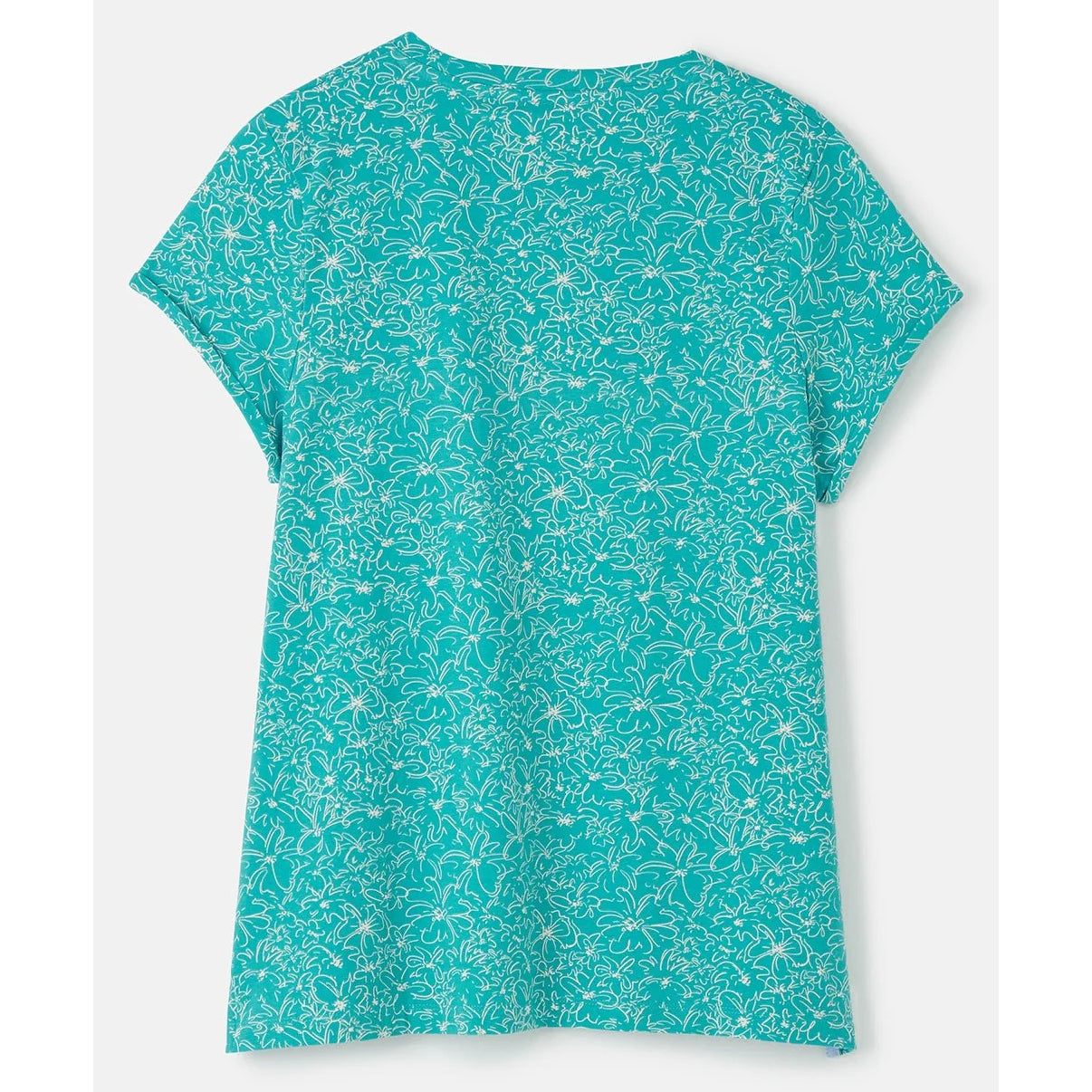 Back view of a womens Lighthouse Causeway short sleeve Teal t-shirt with white floral pattern on a white background