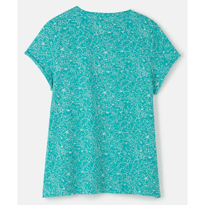 Back view of a womens Lighthouse Causeway short sleeve Teal t-shirt with white floral pattern on a white background