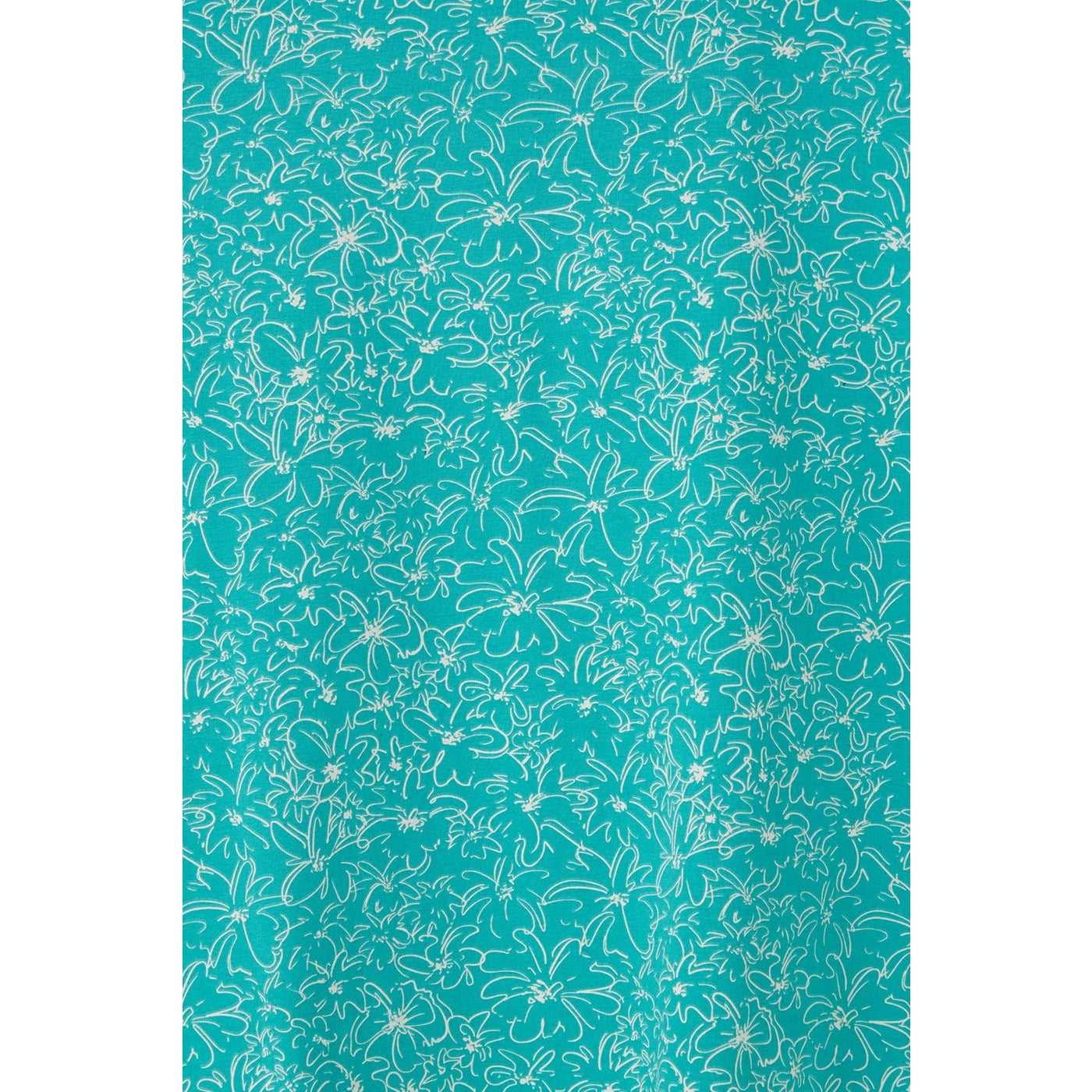 Teal fabric with a white floral pattern.