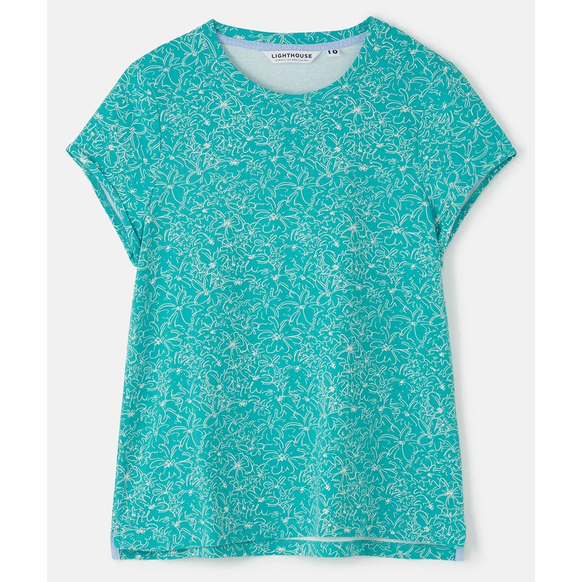 Front view of a womens Lighthouse Causeway short sleeve Teal t-shirt with white floral pattern on a white background