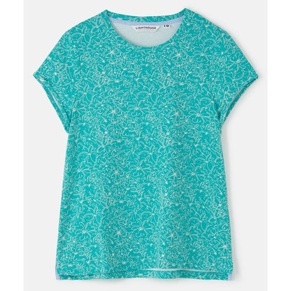 Front view of a womens Lighthouse Causeway short sleeve Teal t-shirt with white floral pattern on a white background
