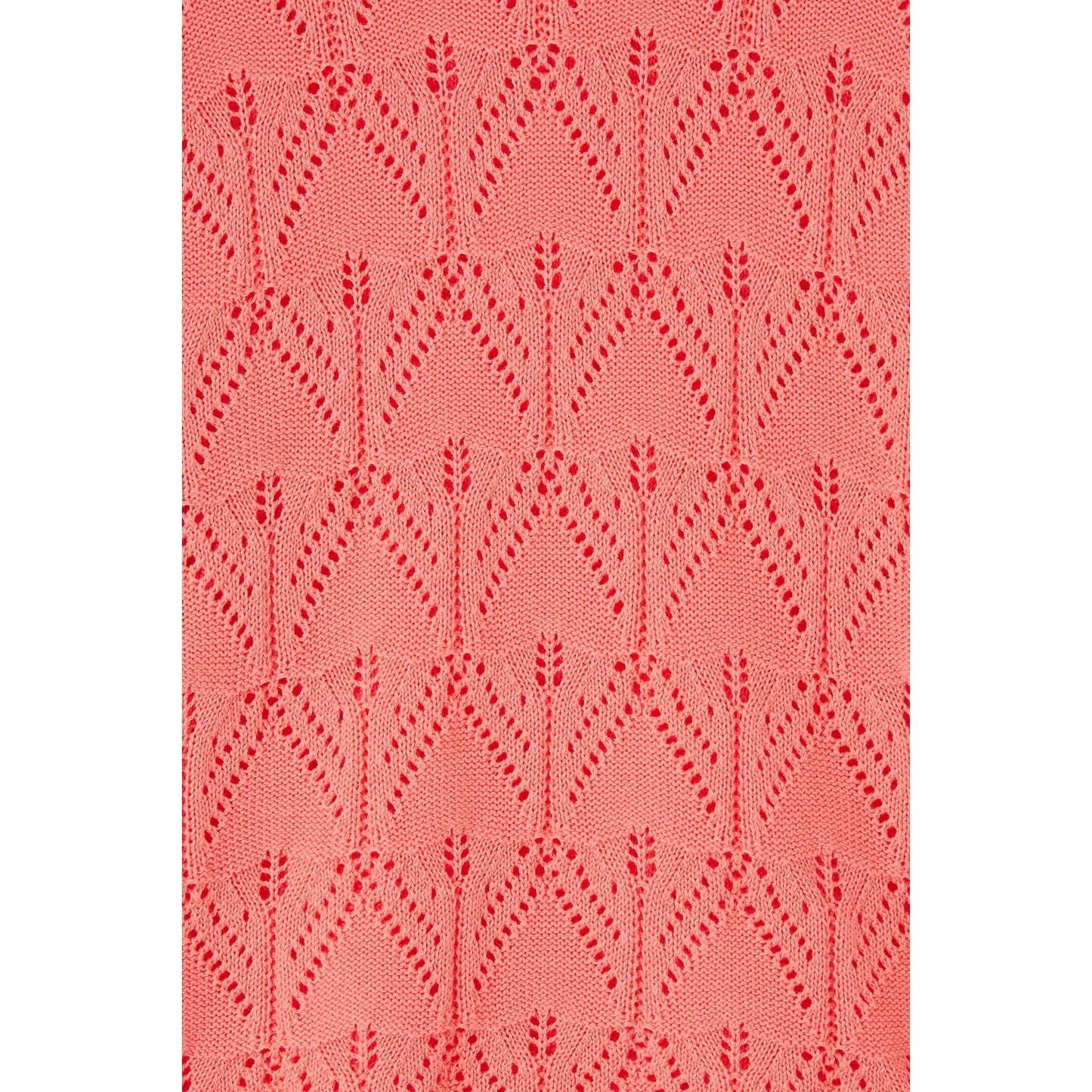 Close-up view of the pointelle crochet style knit of a womens Lighthouse Eden jumper in a bright Sugar Coral colour.