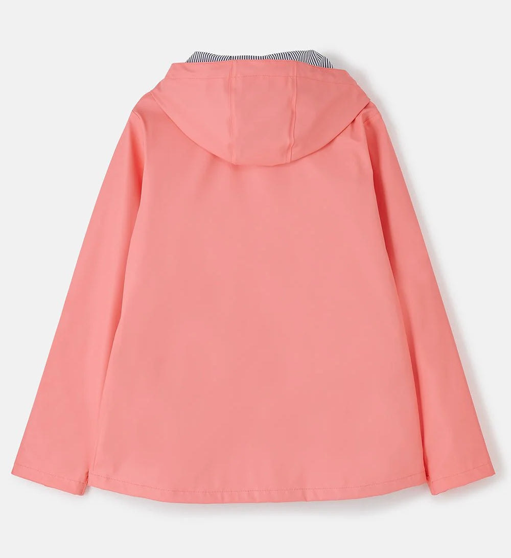 Back view of Lighthouse womens coral jacket with hood in solid coral color