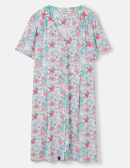 Lighthouse womens floral dress with pink and green flower print and short sleeves