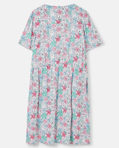 Lighthouse womens floral dress with colorful pink and blue flower pattern on light background