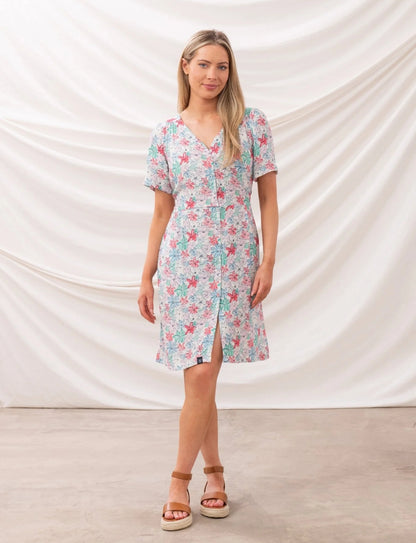 Lighthouse womens floral dress with short sleeves and front buttons worn by model