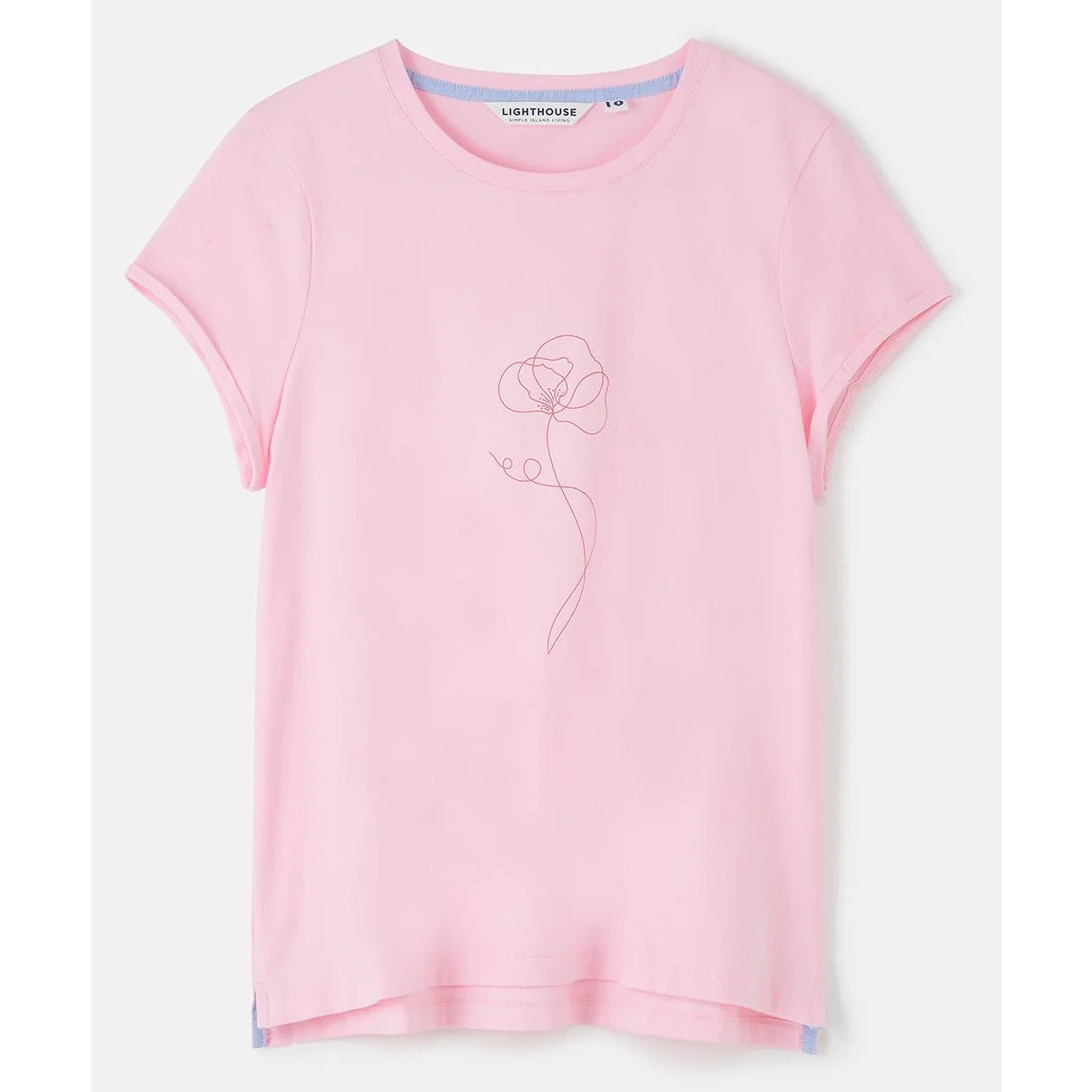 Front view of a Lighthouse womens Causeway short sleeve pink t-shirt with a simple flower design print on a white background