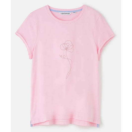 Front view of a Lighthouse womens Causeway short sleeve pink t-shirt with a simple flower design print on a white background
