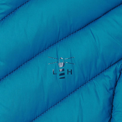 Close-up of teal blue puffer fabric with a Lighthouse logo