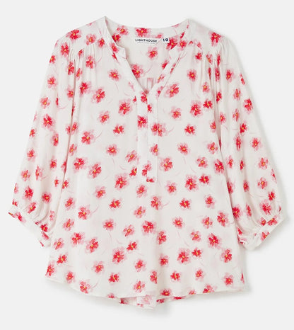Lighthouse womens Lola blouse white with red floral print and three-quarter sleeves
