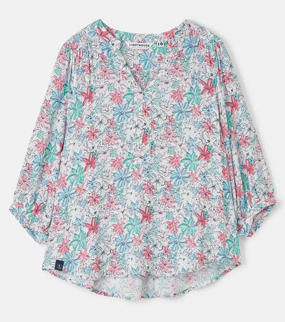 Lighthouse womens Lola floral blouse with pink and blue flowers on a white background