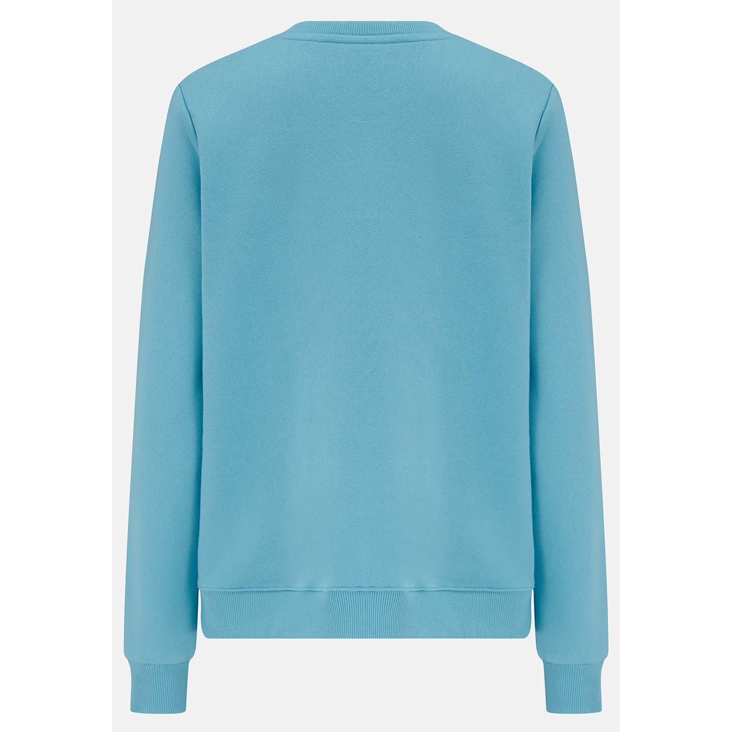 Back view of a women's Lighthouse Seaside crew neck sweatshirt in blue.