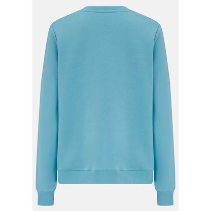 Back view of a women's Lighthouse Seaside crew neck sweatshirt in blue.