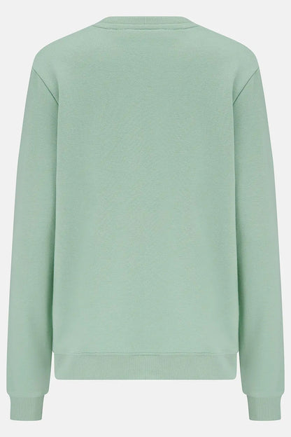 Back view of a women's Lighthouse Seaside crew neck sweatshirt in Pastel Green.
