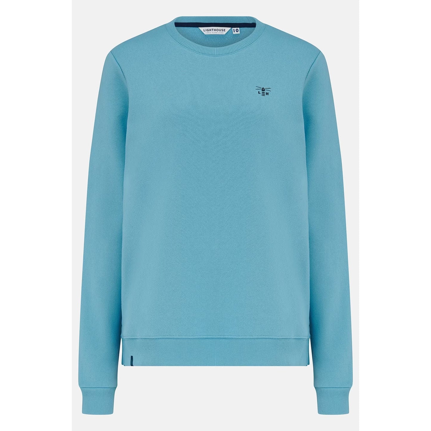 Main front view of a women's Lighthouse Seaside crew neck sweatshirt in blue.