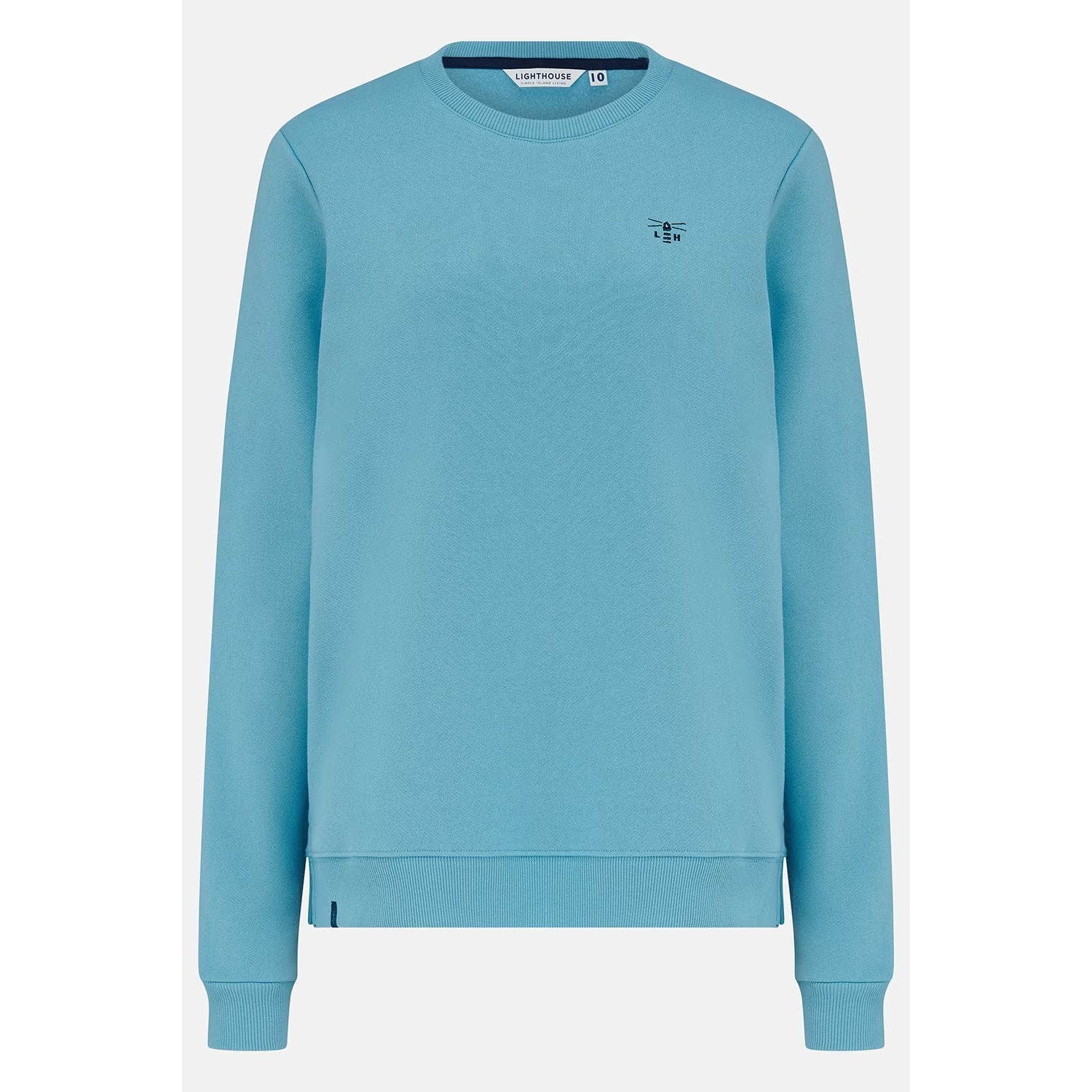 Main front view of a women's Lighthouse Seaside crew neck sweatshirt in blue.