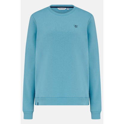 Main front view of a women's Lighthouse Seaside crew neck sweatshirt in blue.