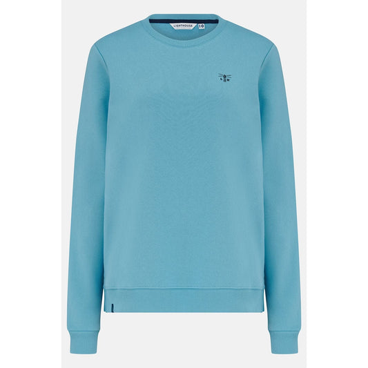 Main front view of a women's Lighthouse Seaside crew neck sweatshirt in blue.