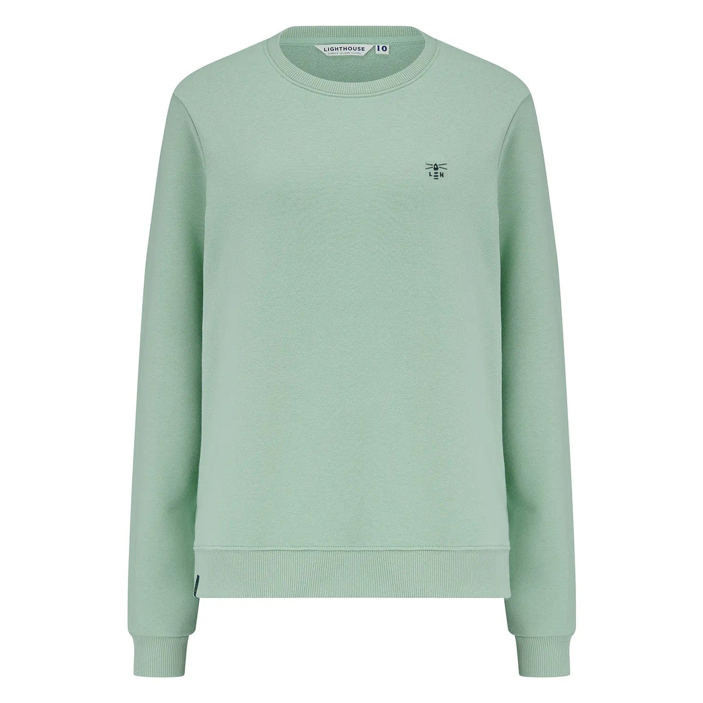 Main front view of a women's Lighthouse Seaside crew neck sweatshirt in Pastel Green.