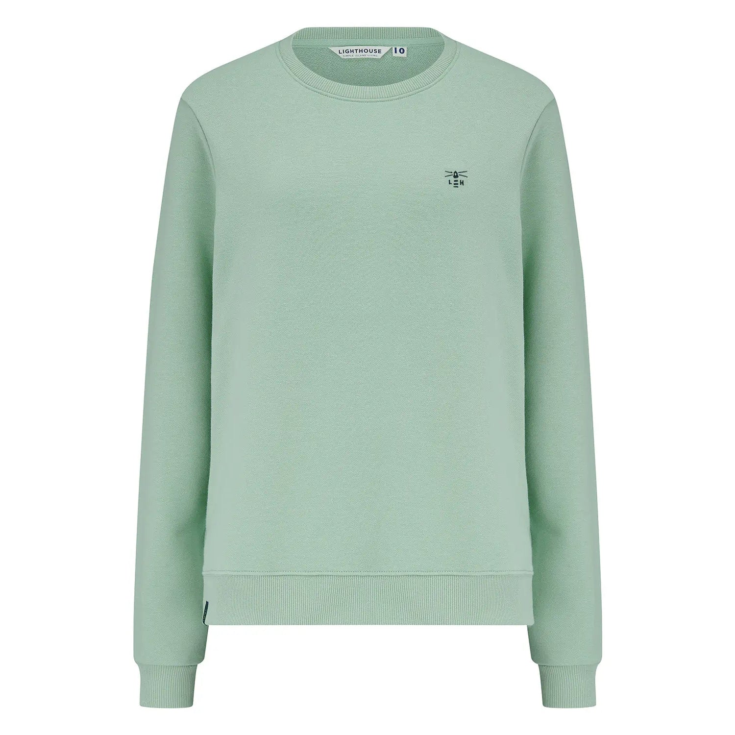 Main front view of a women's Lighthouse Seaside crew neck sweatshirt in Pastel Green.