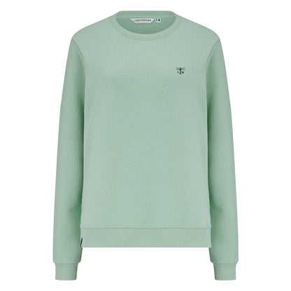 Main front view of a women's Lighthouse Seaside crew neck sweatshirt in Pastel Green.