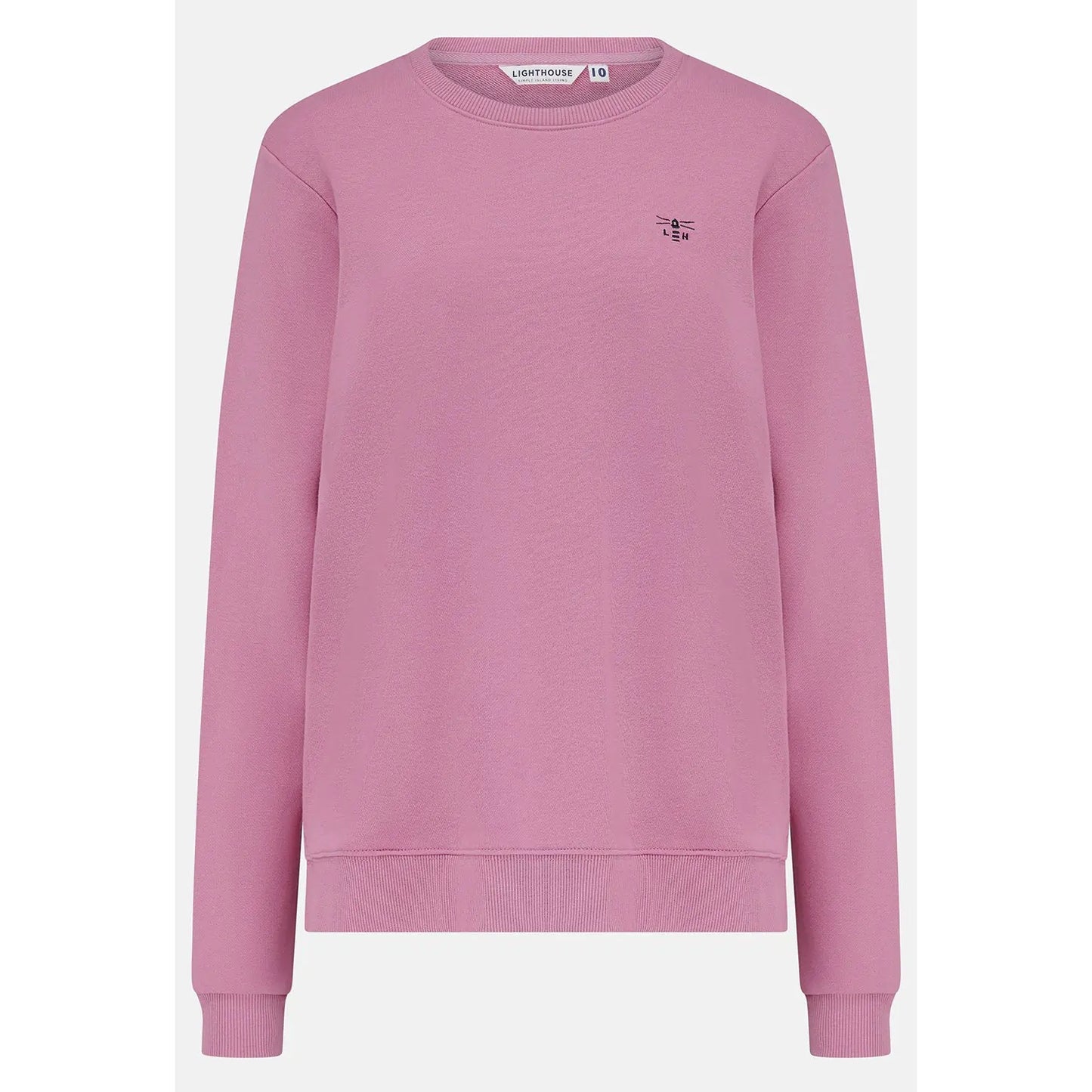 Main front view of a women's Lighthouse Seaside crew neck sweatshirt in Pink.