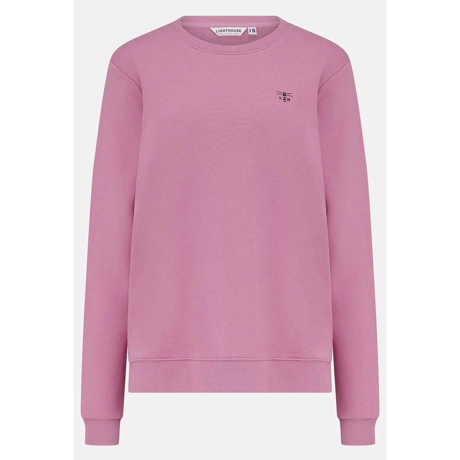 Main front view of a women's Lighthouse Seaside crew neck sweatshirt in Pink.