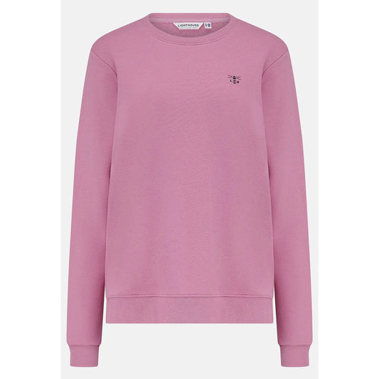 Main front view of a women's Lighthouse Seaside crew neck sweatshirt in Pink.