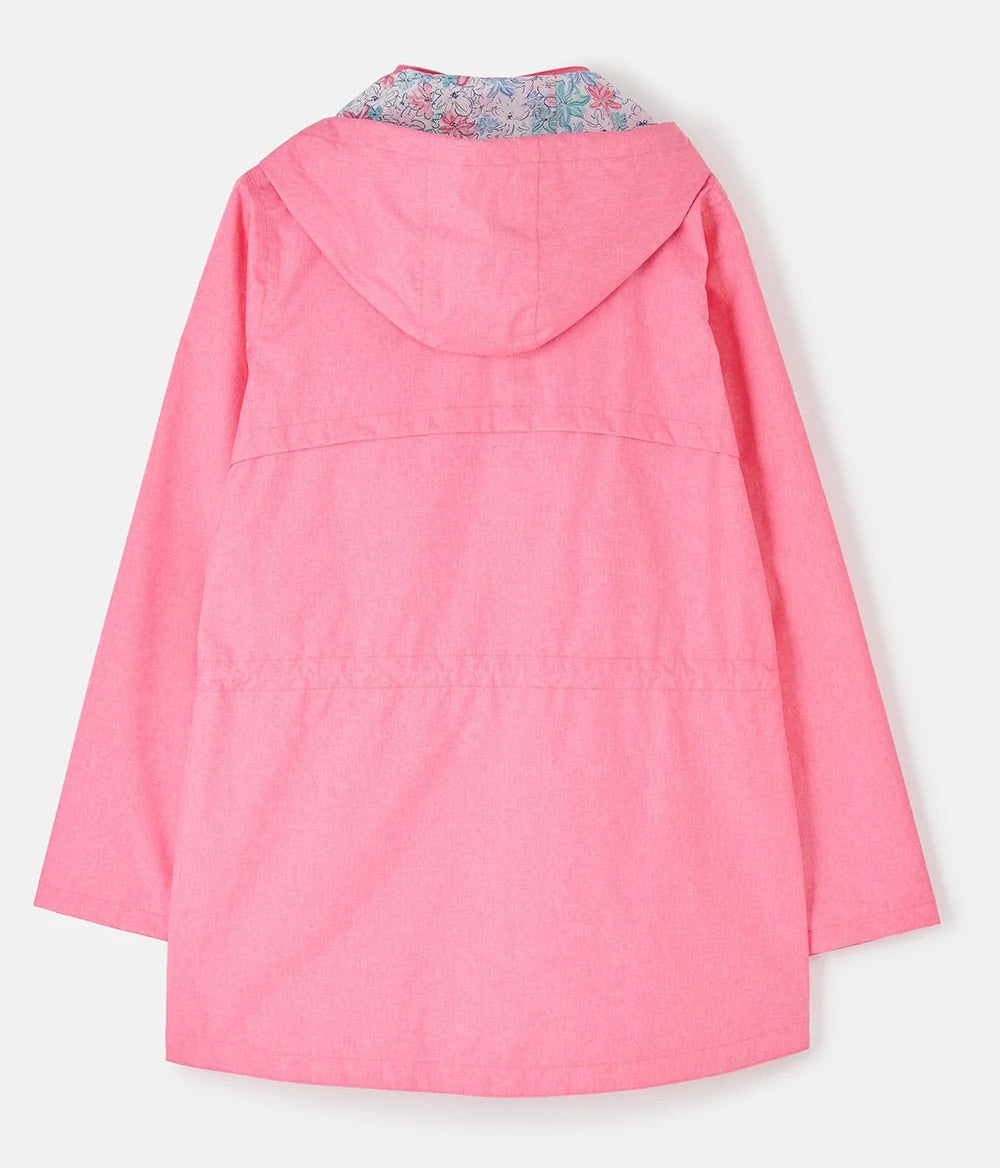 Lighthouse womens pink waterproof jacket with hood and floral inner lining shown from back