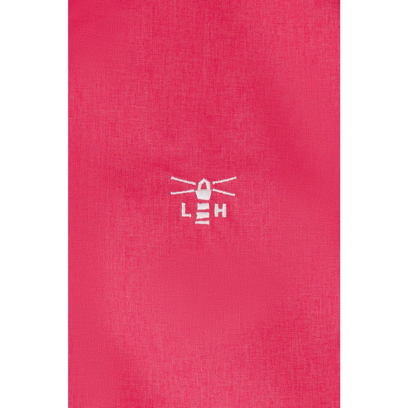 Close-up view of the logo on a Lighthouse Pippa coat in white on a raspberry pink/red waterproof fabric.