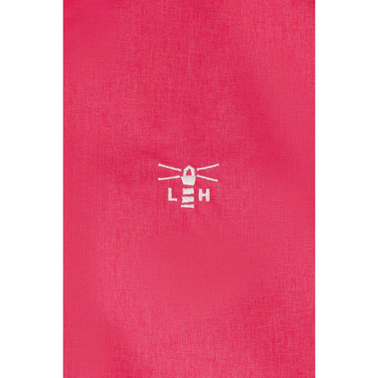 Close-up view of the logo on a Lighthouse Pippa coat in white on a raspberry pink/red waterproof fabric.