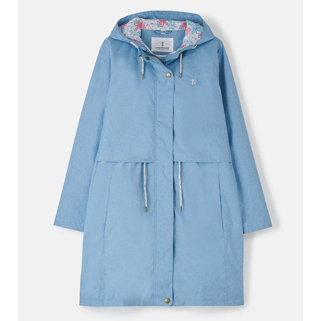 Front view of a womens Lighthouse Pippa 3/4 length waterproof raincoat in Soft Denim Blue with floral hood lining.