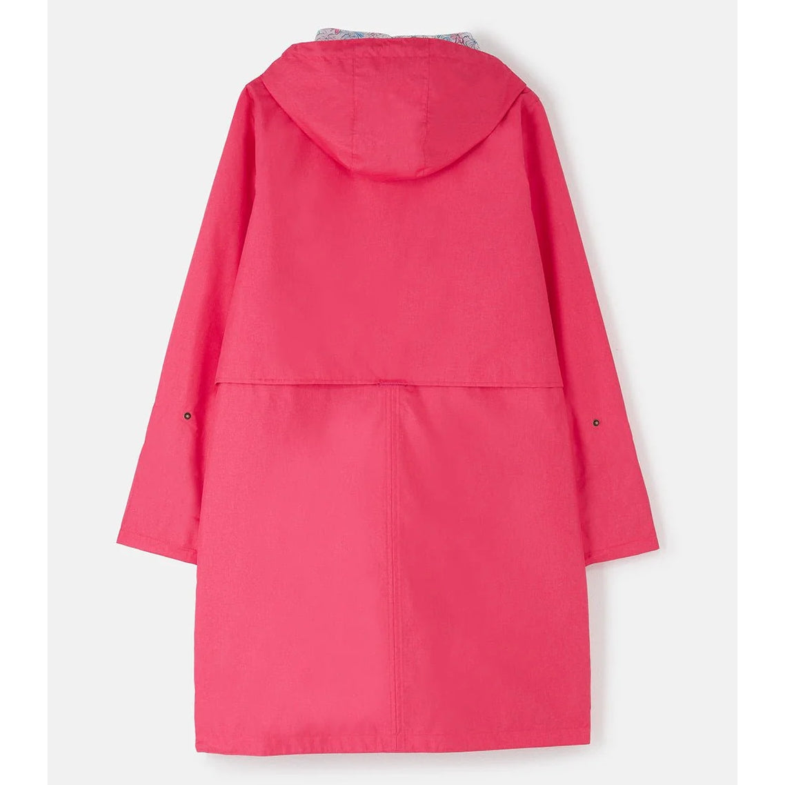 Back view of a womens Lighthouse Pippa 3/4 length waterproof raincoat in Raspberry pink/red.