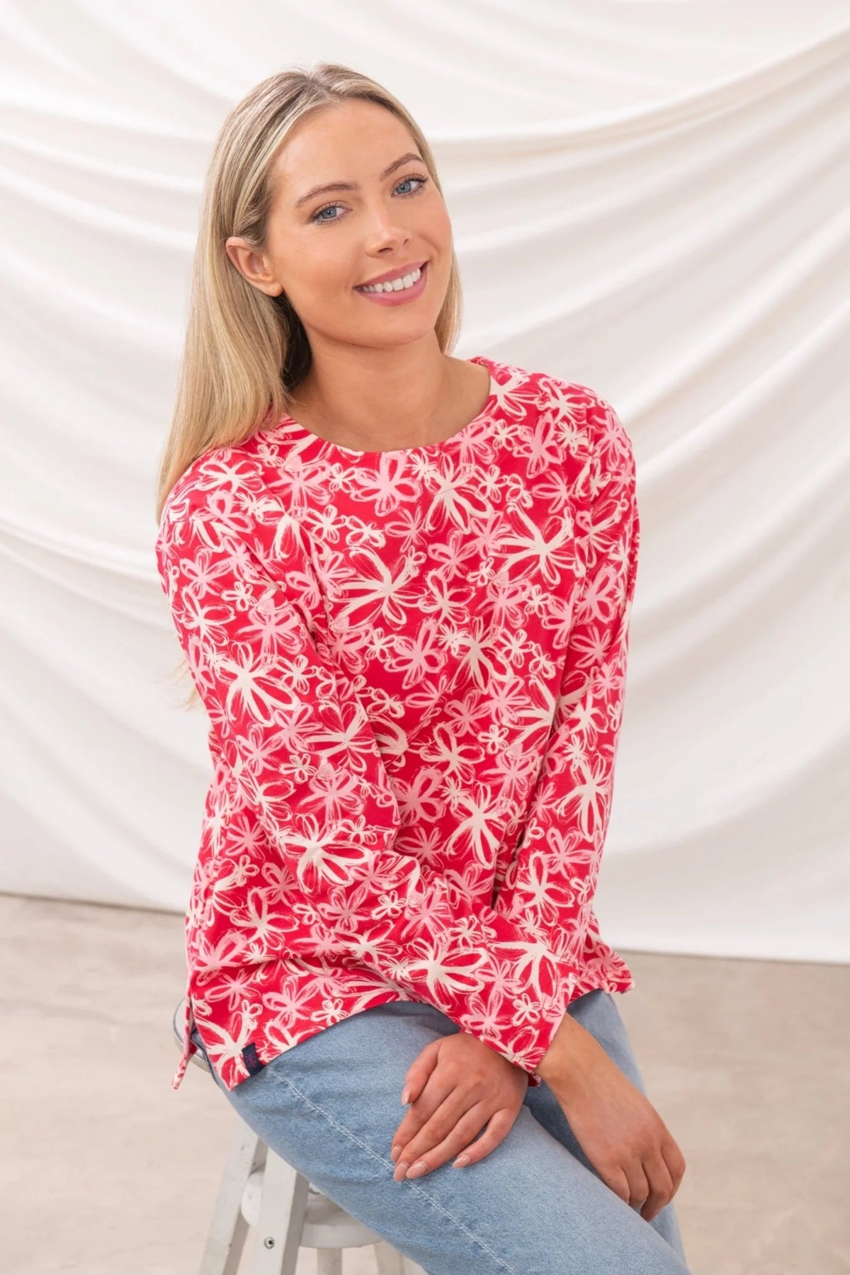 Lighthouse womens Raspberry Floral Tee with long sleeves and vibrant raspberry floral pattern
