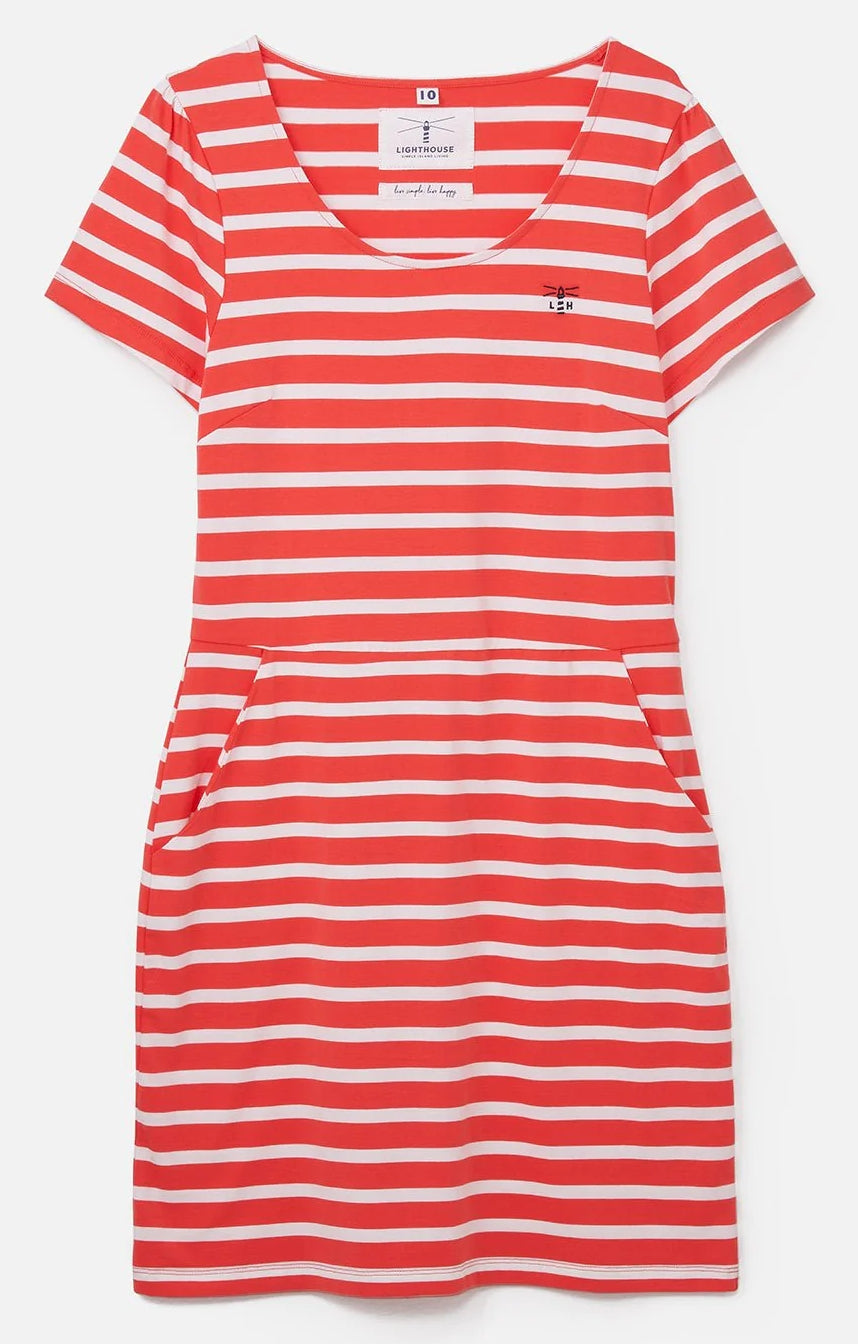 Lighthouse womens red stripe dress with short sleeves and side pockets in casual fit