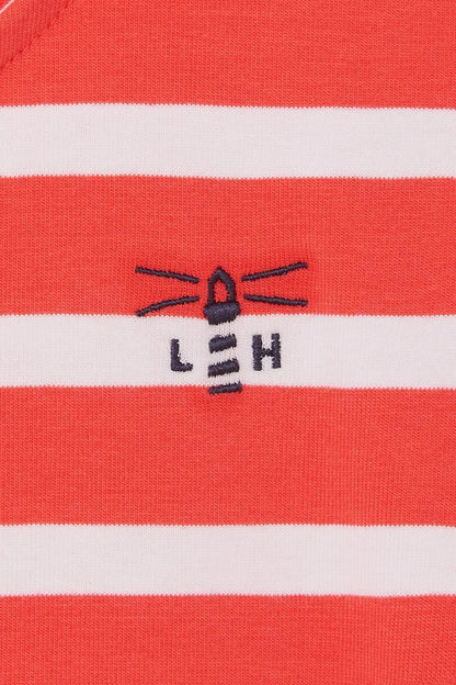 Close-up of Lighthouse womens red stripe dress fabric with embroidered lighthouse logo