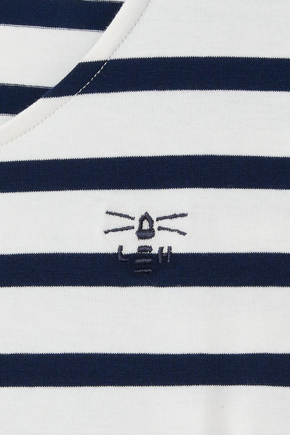 Close-up of Lighthouse womens short sleeve stripe dress with navy and white stripes and embroidered logo