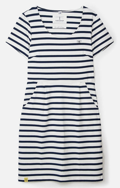 Lighthouse womens short sleeve stripe dress in white with navy horizontal stripes and side pockets