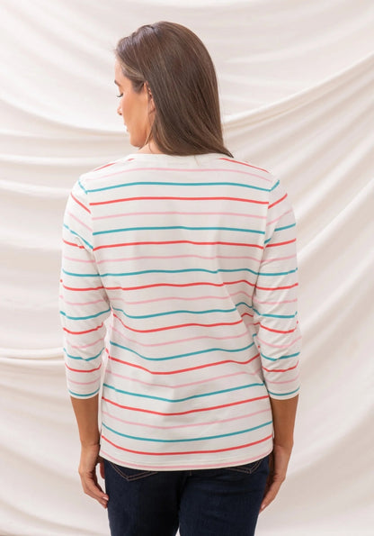Back view of Lighthouse womens stripe v-neck top with colorful horizontal stripes on white fabric
