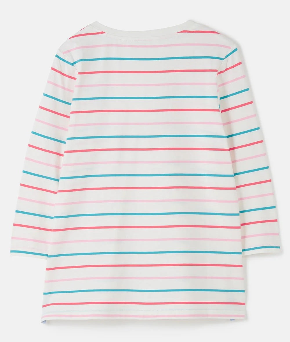 Back view of Lighthouse womens stripe v-neck top in white with pink and teal horizontal stripes