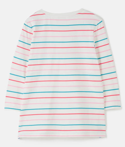 Back view of Lighthouse womens stripe v-neck top in white with pink and teal horizontal stripes