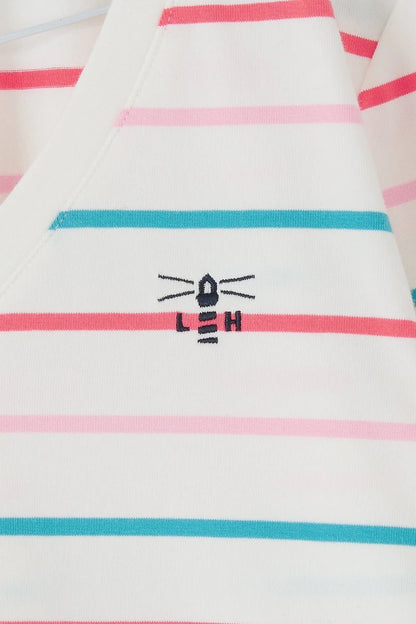 Lighthouse womens stripe v-neck top with white base and pink and teal horizontal stripes featuring embroidered lighthouse logo