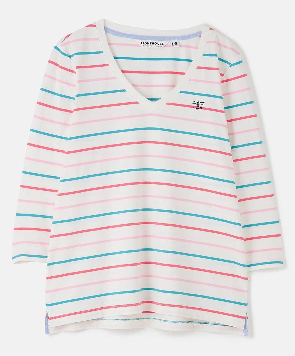 Lighthouse womens stripe v-neck top in white with pink and blue horizontal stripes and long sleeves