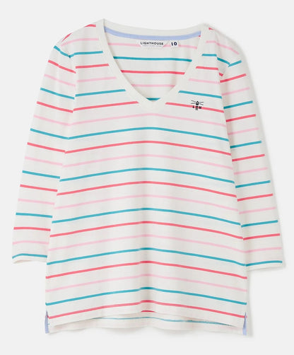 Lighthouse womens stripe v-neck top in white with pink and blue horizontal stripes and long sleeves