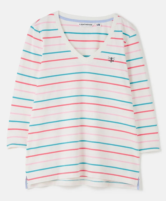 Lighthouse womens stripe v-neck top in white with pink and blue horizontal stripes and long sleeves