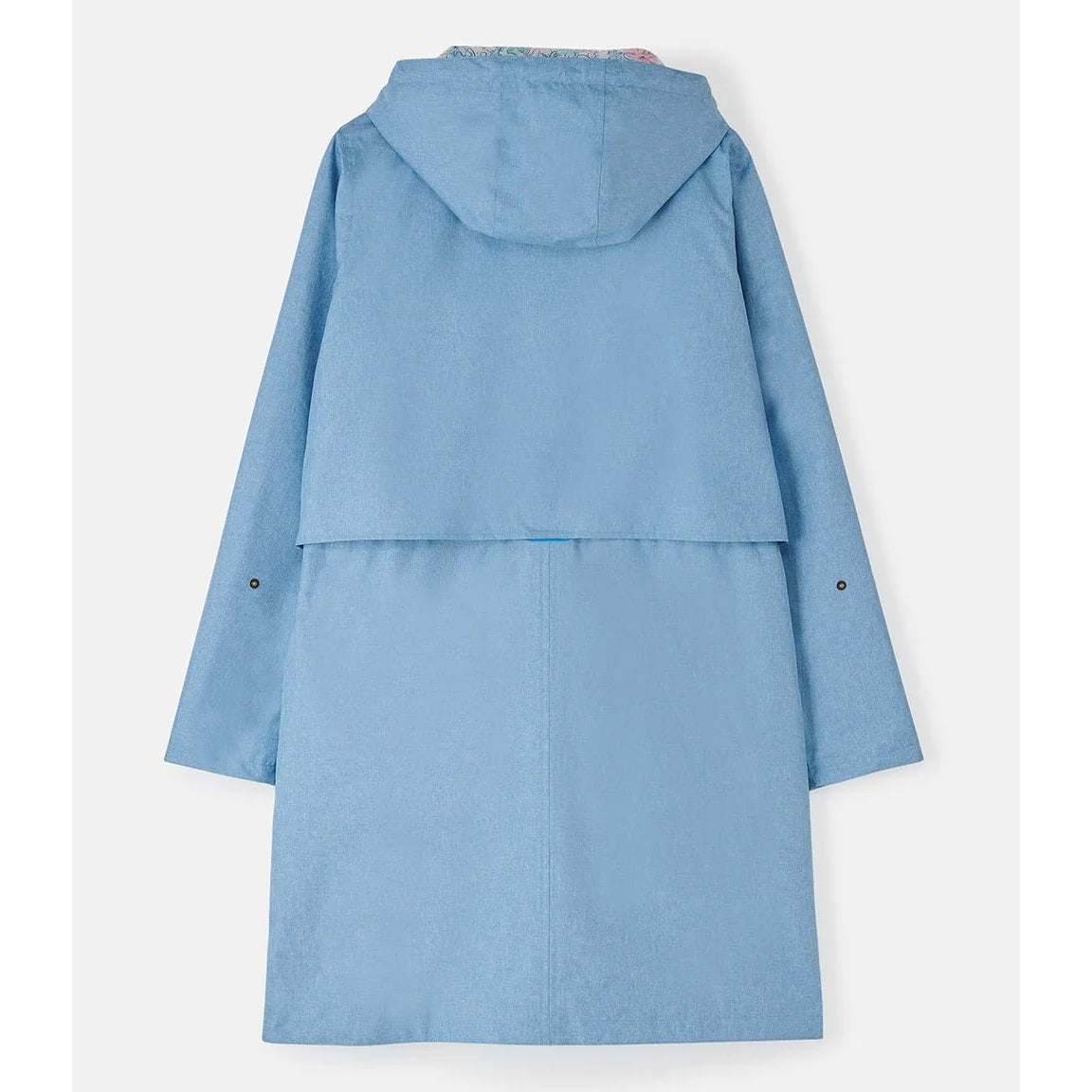Back view of a womens Lighthouse Pippa 3/4 length waterproof raincoat in Soft Denim Blue.