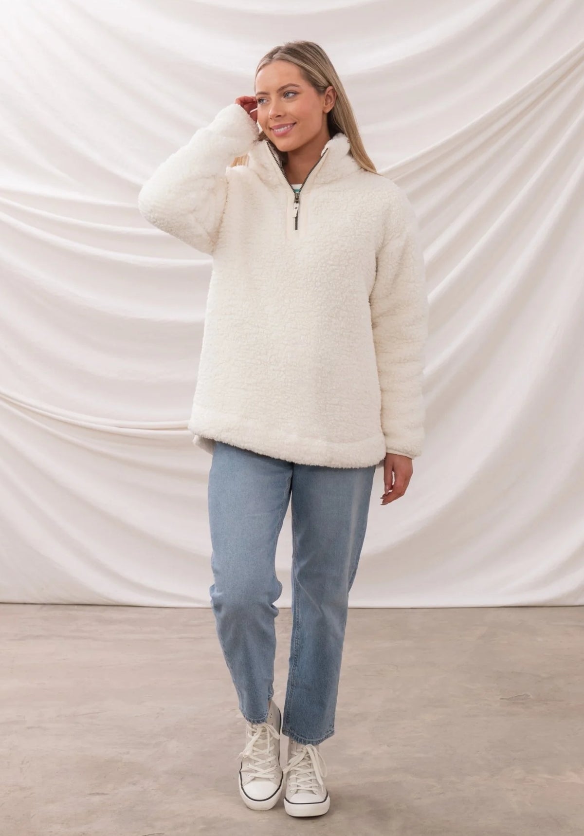 Lighthouse womens zip fleece in cream white soft sherpa fabric with half zipper and long sleeves